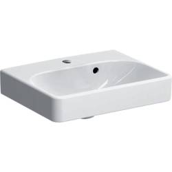 Asimetrik taşmalıklı Geberit Smyle Square küçük lavabo: Beyaz, B=45cm, H=16cm, T=36cm, Batarya deliği=Orta, Taşma deliği=Görünür - 1