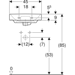 Asimetrik taşmalıklı Geberit Smyle Square küçük lavabo: Beyaz, B=45cm, H=16cm, T=36cm, Batarya deliği=Orta, Taşma deliği=Görünür - 4