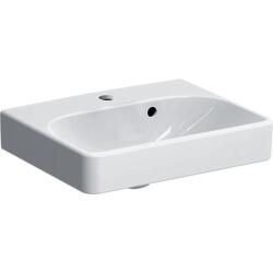 Asimetrik taşmalıklı Geberit Smyle Square küçük lavabo: Beyaz, B=45cm, H=16cm, T=36cm, Batarya deliği=Orta, Taşma deliği=Görünür - GEBERİT