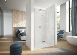 Aura Pure İki Sabit Cam Bir Menteşeli Kapı Duş Teknesi Üstü Yan Panelli Duşakabin - HÜPPE