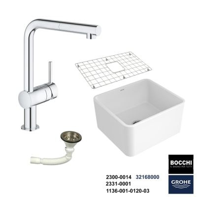 Bocchi Lavello 50 cm Seramik Eviye Grohe Minta Spiralli Eviye Bataryası Seti(Tel Izgara ve Sifon Dahil ) - 1