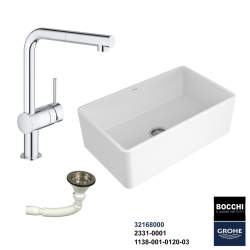 Bocchi Lavello 76 cm Seramik Eviye Grohe Minta Spiralli Eviye Bataryası Seti(Sifon Dahil ) - 1