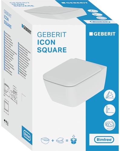 Geberit iCon Taharet Fonksiyonlu Alçak Tip, Kare, Asma Klozet Seti, Kapalı Form, Rimfree, Klozet Kapaklı - 501671001 - 2