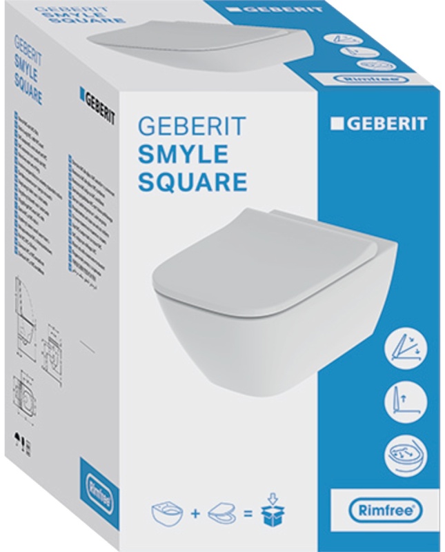 Geberit Smyle Taharet Fonksiyonlu Asma Klozet Seti, Kare, Alçak Tip, Kapalı Form, Rimfree, Klozet Kapaklı, Örtüşen Kapak - 501668001 - 2