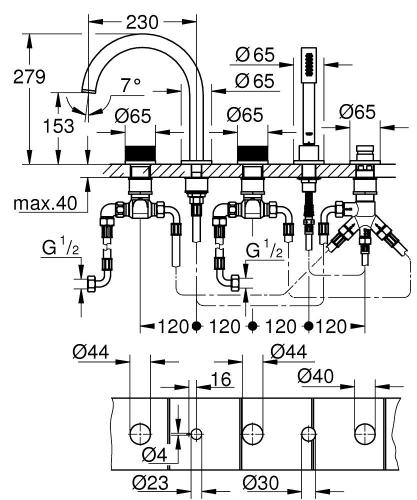 Grohe Atrio Private Collection 5 Delikli Ankastre Küvet Bataryası (Sıva Üstü Grubu), Fırçalı Altın - 25226GN0 - 4