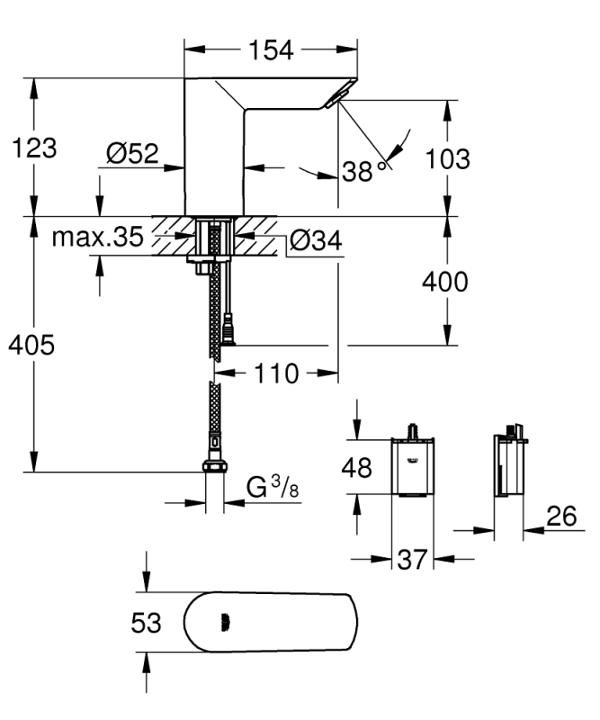 Grohe Bau Cosmopolitan E Fotoselli Lavabo Bataryası, Tek Su Girişli - 36452000 - 3