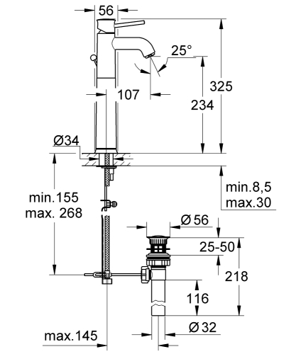 Grohe Bauclassic Tek Kumandalı Lavabo Bataryası - 32868000 - 3