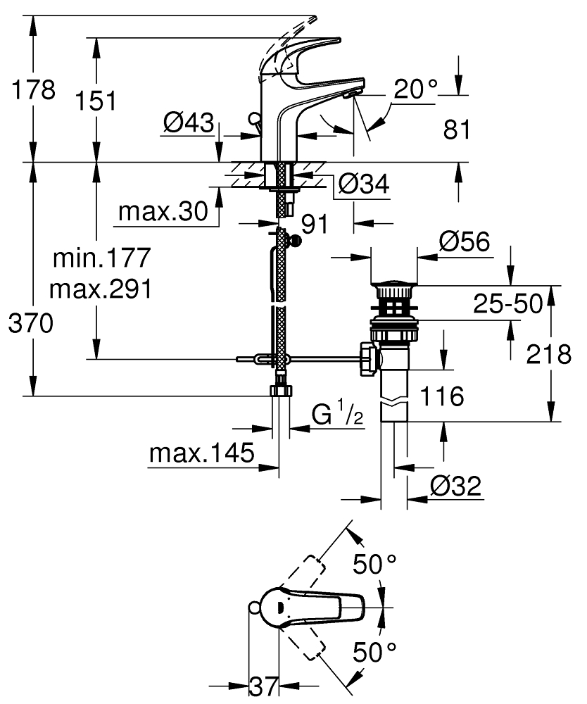 Grohe Baucurve Tek Kumandalı Lavabo Bataryası - 32805000 - 3