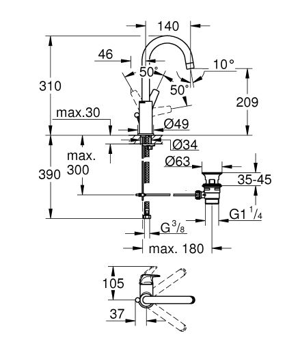 Grohe Bauflow Tek Kumandalı Lavabo Bataryası 1/2