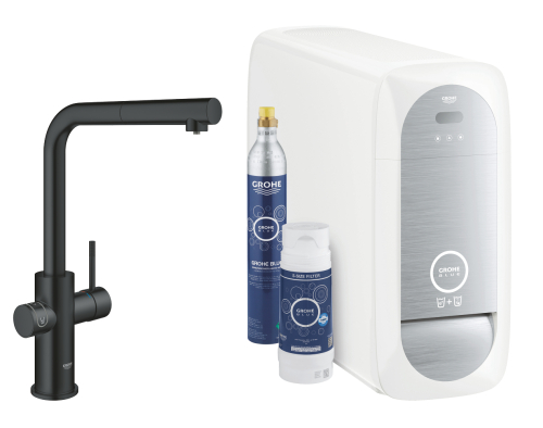 Grohe Blue Home Arıtmalı İçme Suyu ve Soda Yapan Spiralli Eviye Bataryası Seti, Kadife Siyah - 31539KS0 - 1