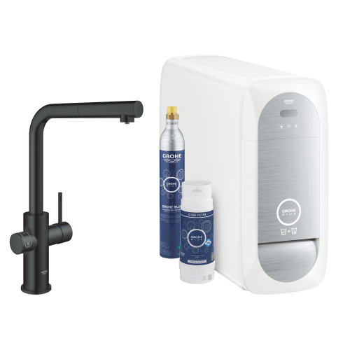 Grohe Blue Home Arıtmalı İçme Suyu ve Soda Yapan Spiralli Eviye Bataryası Seti, Kadife Siyah - 31539KS0 - 2