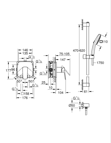 Grohe Cubeo Ankastre Duş Bataryası ve Sürgülü El Duşu Seti, Mat Siyah - 1053352430 - 4