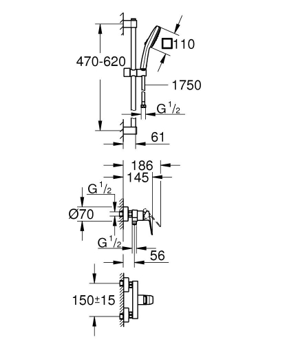 Grohe Cubeo Duş Bataryası ve Sürgülü El Duşu Seti, Mat Siyah - 1018252430 - 4