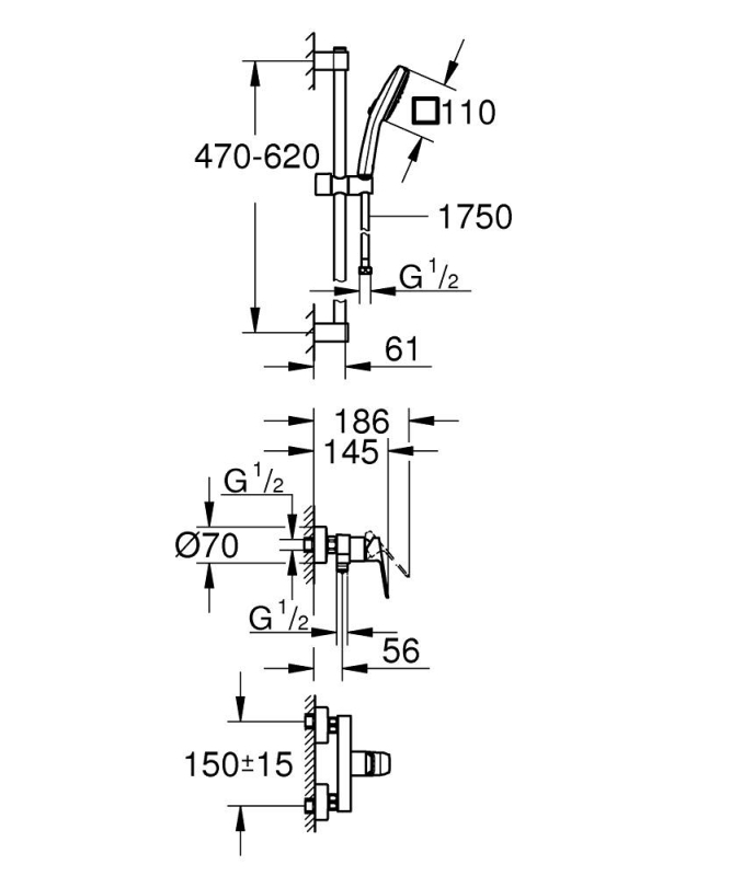 Grohe Cubeo Duş Bataryası ve Sürgülü El Duşu Seti, Mat Siyah - 1018252430 - 4