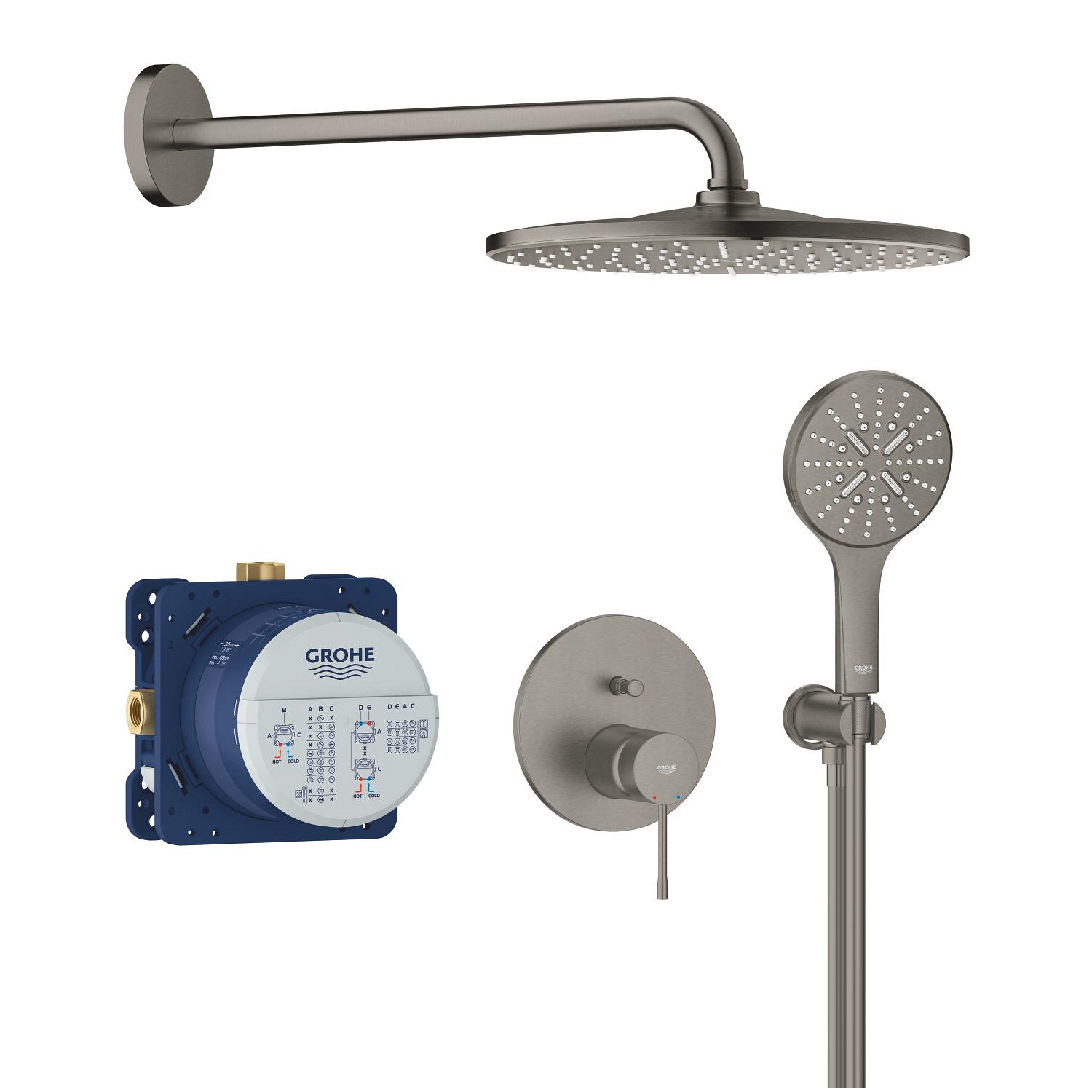 Grohe Essence Ankastre Banyo/Duş Bataryası, Tepe ve El Duşu Seti, Fırçalı Sert Grafit-25287AL0 - 2