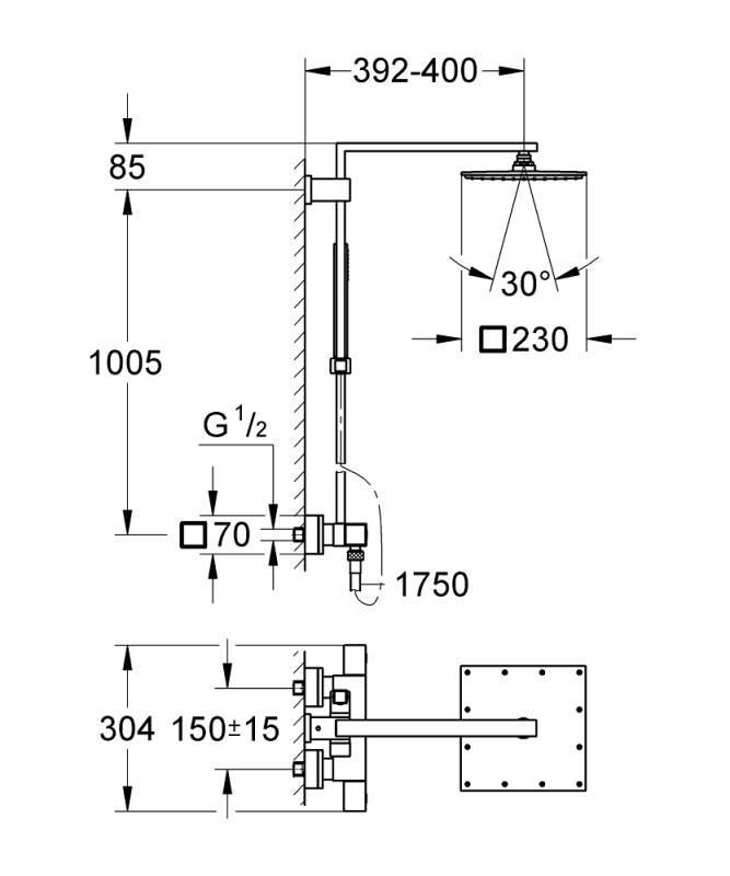 Grohe Euphoria Cube System 230 Duvara Monte Termostatik Bataryalı Duş Sistemi - 26087000 - 3