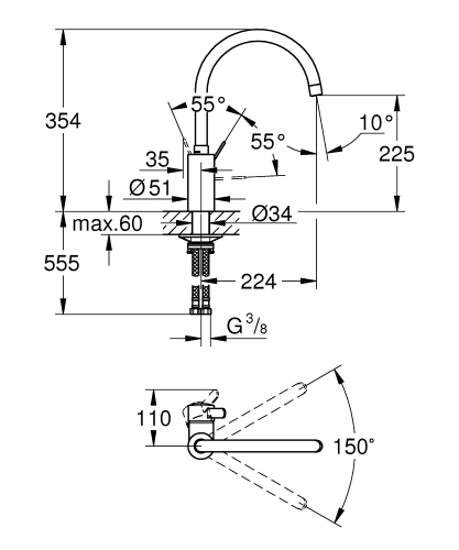 Grohe Eurocosmo Tek Kumandalı Eviye Bataryası - 3284320E - 4