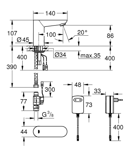 Grohe Euroeco Cosmopolitan E Fotoselli Lavabo Bataryası, Tek Su Girişli - 36269000 - 3