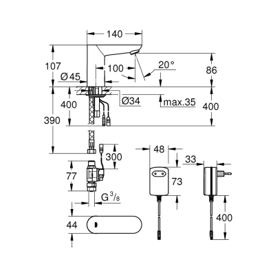 Grohe Euroeco Cosmopolitan E Fotoselli Lavabo Bataryası, Tek Su Girişli - 36269000 - 2