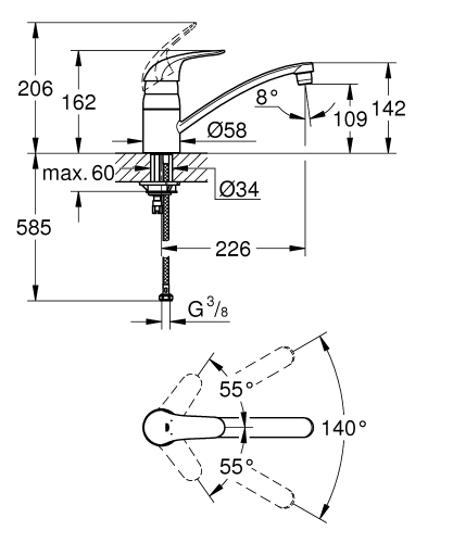 Grohe Euroeco Tek Kumandalı Eviye Bataryası - 32750000 - 3