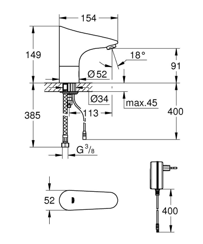 Grohe Europlus E Fotoselli Lavabo Bataryası, Tek Su Girişli - 36016001 - 3