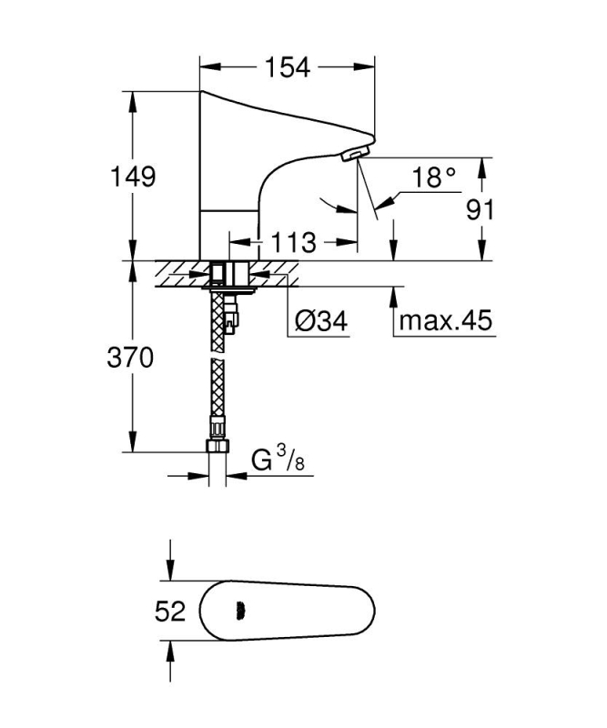 Grohe Europlus E Fotoselli Lavabo Bataryası, Tek Su Girişli - 36208001 - 3