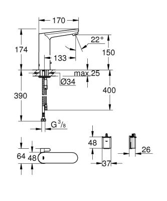 Grohe Eurosmart Cosmo. Fotoselli Lavabo Bataryası, Çift Su Girişli, Pilli - 36422000 - 2