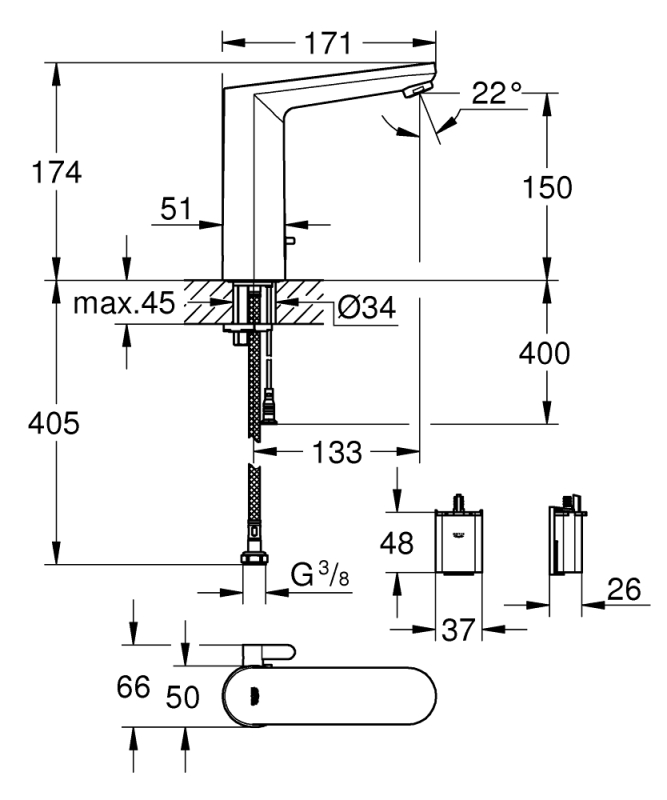 Grohe Eurosmart Cosmo. Fotoselli Lavabo Bataryası, Çift Su Girişli, Pilli - 36422000 - 5