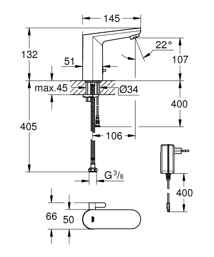 Grohe Eurosmart Cosmopolitan E Fotoselli Lavabo Bataryası, 1/2