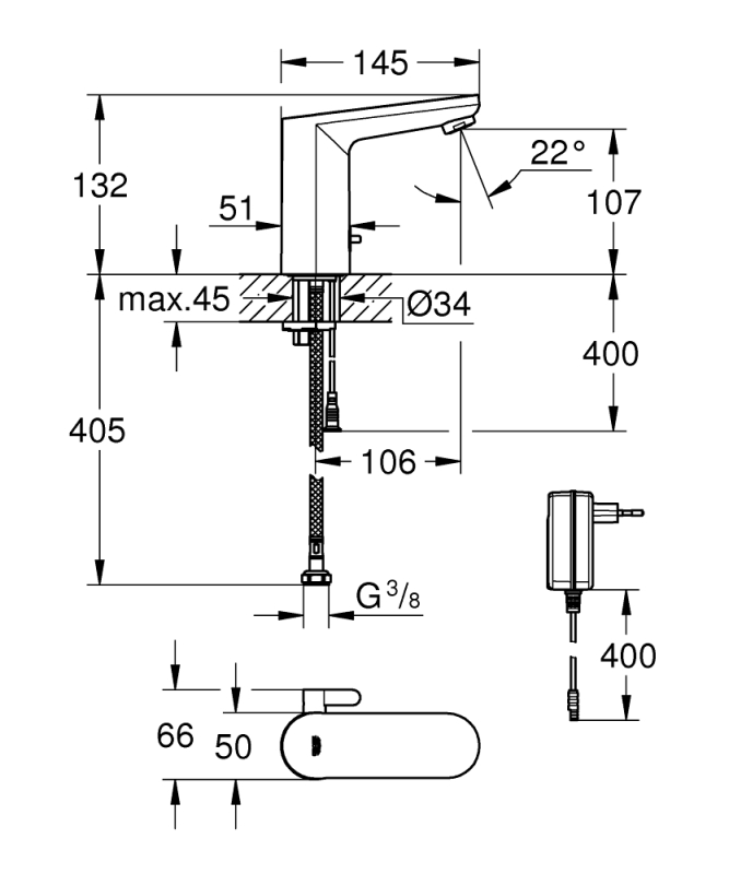 Grohe Eurosmart Cosmopolitan E Fotoselli Lavabo Bataryası, 1/2
