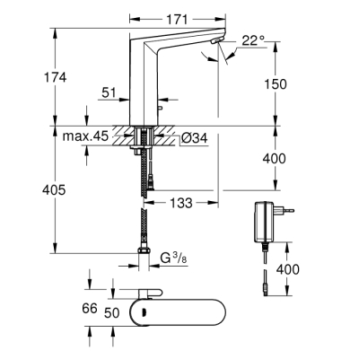 Grohe Eurosmart Cosmopolitan E Fotoselli Lavabo Bataryası, 1/2