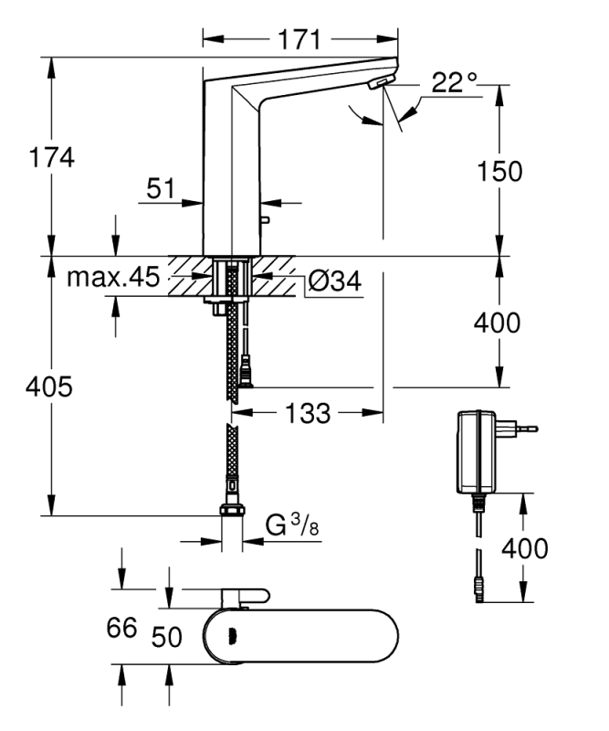 Grohe Eurosmart Cosmopolitan E Fotoselli Lavabo Bataryası, 1/2