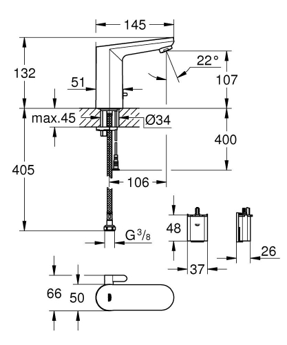 Grohe Eurosmart Cosmopolitan E Fotoselli lavabo bataryası, çift su girişli ayarlanabilir sıcaklık sınırlayıcısı - 36327002 - 5