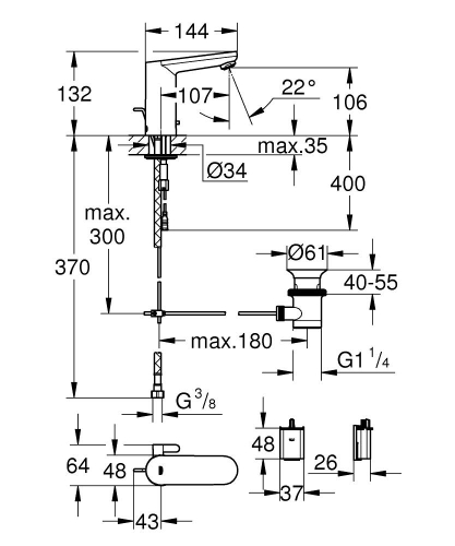 Grohe Eurosmart Cosmopolitan E Fotoselli Lavabo Bataryası, Çift Su Girişli
Ayarlanabilir Sıcaklık Sınırlayıcısı - 36331001 - 3