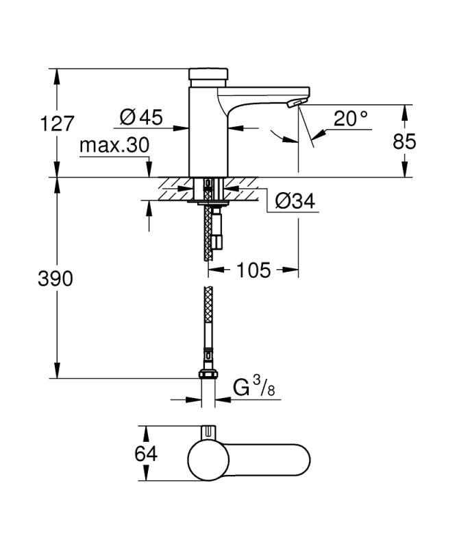Grohe Eurosmart Cosmopolitan T Çift Su Girişli, Sıcaklık Sınırlayıcılı, Zaman Ayarlı Lavabo Bataryası - 36317000 - 3