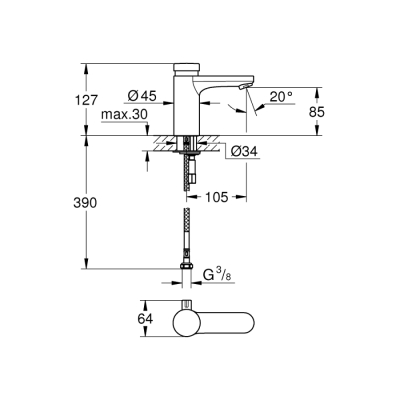 Grohe Eurosmart Cosmopolitan T Çift Su Girişli, Sıcaklık Sınırlayıcılı, Zaman Ayarlı Lavabo Bataryası - 36317000 - 2