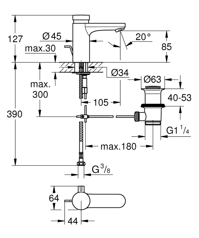 Grohe Eurosmart Cosmopolitan T Çift Su Girişli, Sıcaklık Sınırlayıcılı, Zaman Ayarlı Lavabo Bataryası - 36318000 - 3