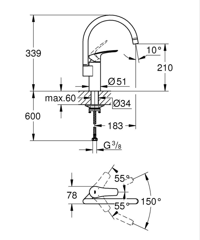 Grohe Eurosmart Tek Kumandalı Eviye Bataryası Mat Siyah - 332022433 - 5