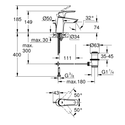 Grohe Eurosmart Tek Kumandalı Lavabo Bataryası
S - Boyut - 23965003 - 2