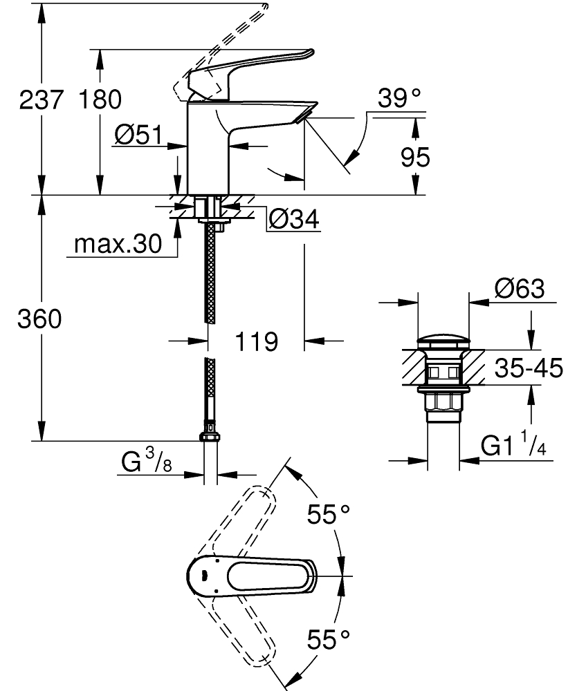 Grohe Eurosmart Tek Kumandalı Lavabo Bataryası
S - Boyut - 23980003 - 5