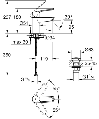 Grohe Eurosmart Tek Kumandalı Lavabo Bataryası
S - Boyut - 23980003 - 5