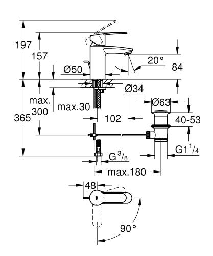 Grohe Eurostyle Cosmopolitan Tek Kumandalı Lavabo Bataryası 
S-Boyut - 2337420E - 3