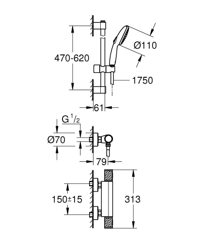 Grohe Grohtherm 1000 Performance Termostatik duş bataryası - 34834001 - 4