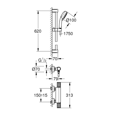 Grohe Grohtherm 1000 Performance Termostatik Duş Bataryası / Duş Seti Dahil - 34783000 - 2