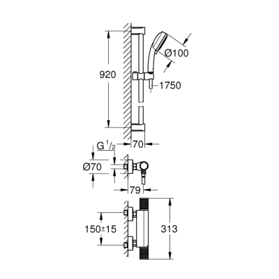 Grohe Grohtherm 1000 Performance Termostatik Duş Bataryası / Duş Seti Dahil - 34784000 - 2