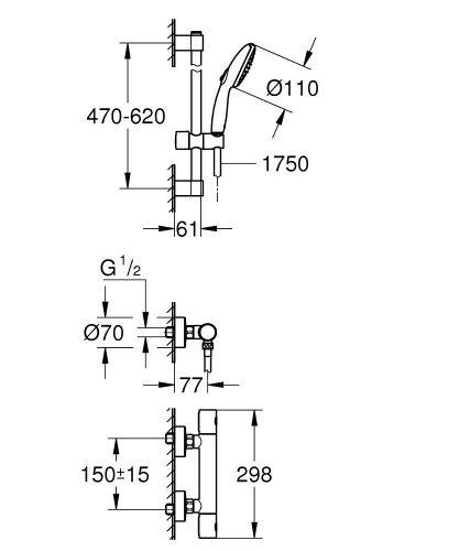 Grohe Grohtherm 800 Cosmopolitan Termostatik duş bataryası - 34768001 - 3