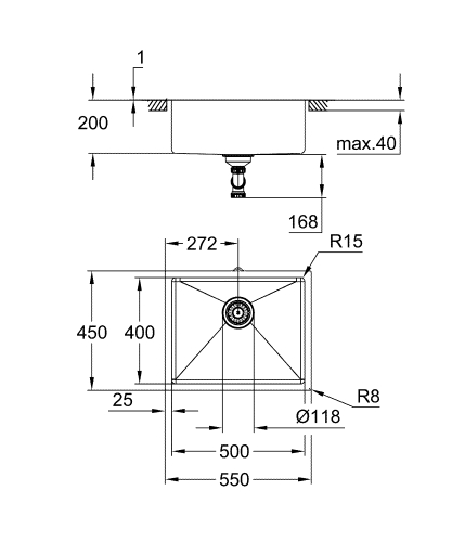 Grohe K700U Tek Gözlü Eviye, Fırçalı Sert Grafit (55x45 cm)Paslanmaz Çelik - 31574AL1 - 3