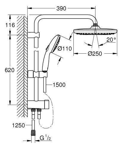 Grohe New Tempesta Sistem 250 Duvar Bağlantılı, Divertörlü Duş Sistemi - 26980001 - 4