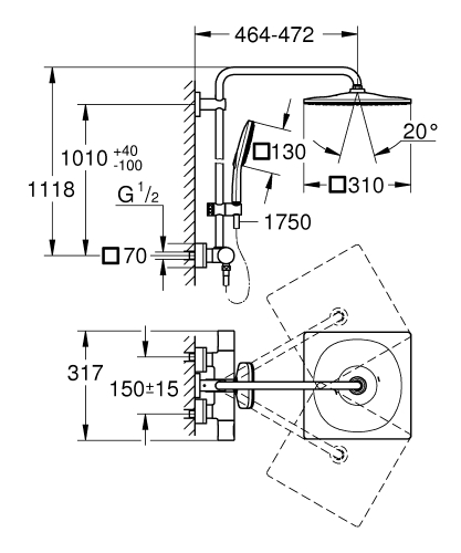 Grohe Rainshower Smartactive 310 Duvara Monte Termostatik Bataryalı Duş Sistemi - 26652000 - 4
