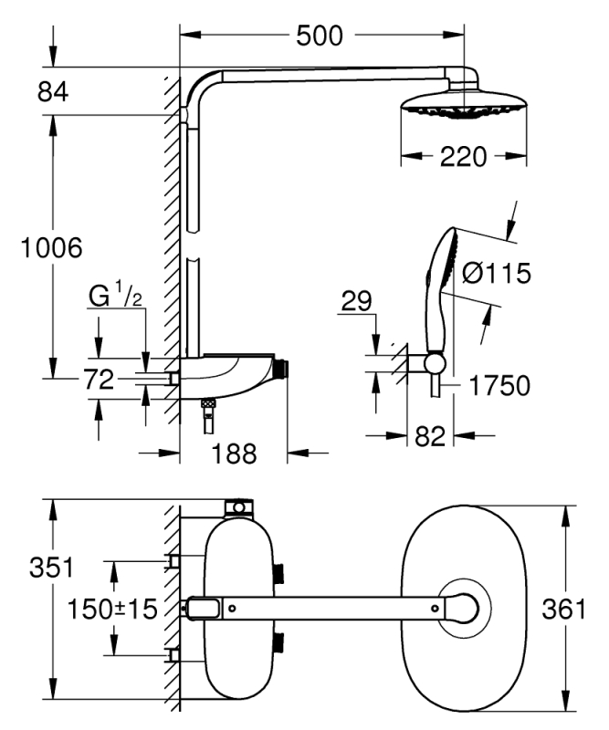 Grohe Rainshower System Smartcontrol Duo 360 Duvara Monte Termostatik Bataryalı Duş Sistemi - 26250000 - 3